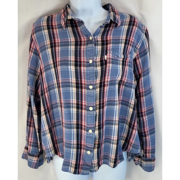 Levi's Tops - Levis Womens Flannel Shirt XL Boyfriend Fit Blue Plaid Button Up Barrel Cuff